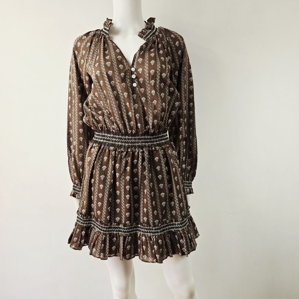 Veronica Beard Espie Mini Dress Brown Floral Long Sleeve Size M Smocked NWOT
